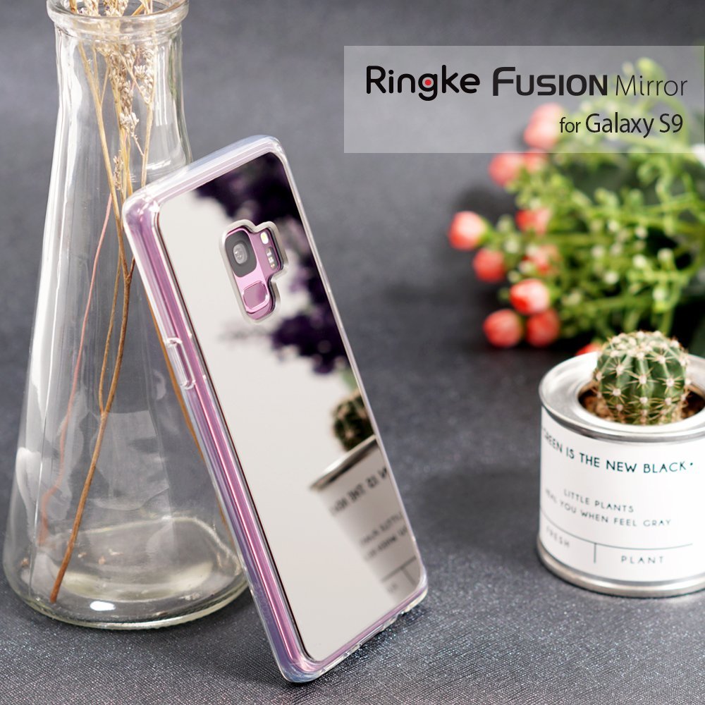 Galaxy S9 Case | Mirror - Silver - Silver mirror-finish phone case leaning against a glass vase with a cactus nearby.