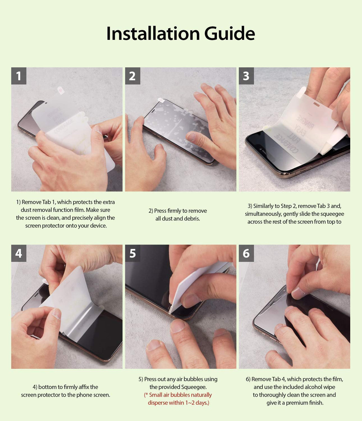 Galaxy S8 Screen Protector | Dual Easy Film - Six-step visual guide showing hands applying a screen protector to a phone.