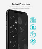 iPhone XS Max Screen Protector | Invisible Defender Glass - iPhone XS Max Screen Protector - Smartphone with water droplets and icons showing anti-fingerprint and 9H hardness features.
