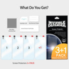 Galaxy Note 4 [INVISIBLE DEFENDER] 3+1 Pack - Four screen protectors, cleaning cloth, squeegee, stickers, and retail box.