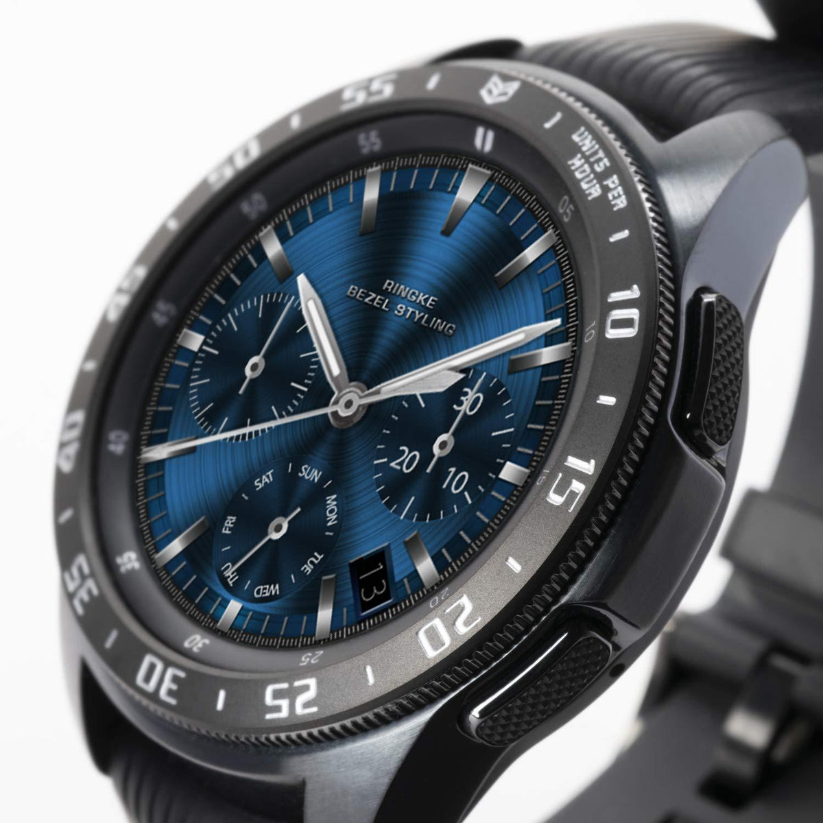 Galaxy Watch (42mm) | Bezel Styling - Black metal tachymeter bezel ring attached to a smartwatch with a blue dial.