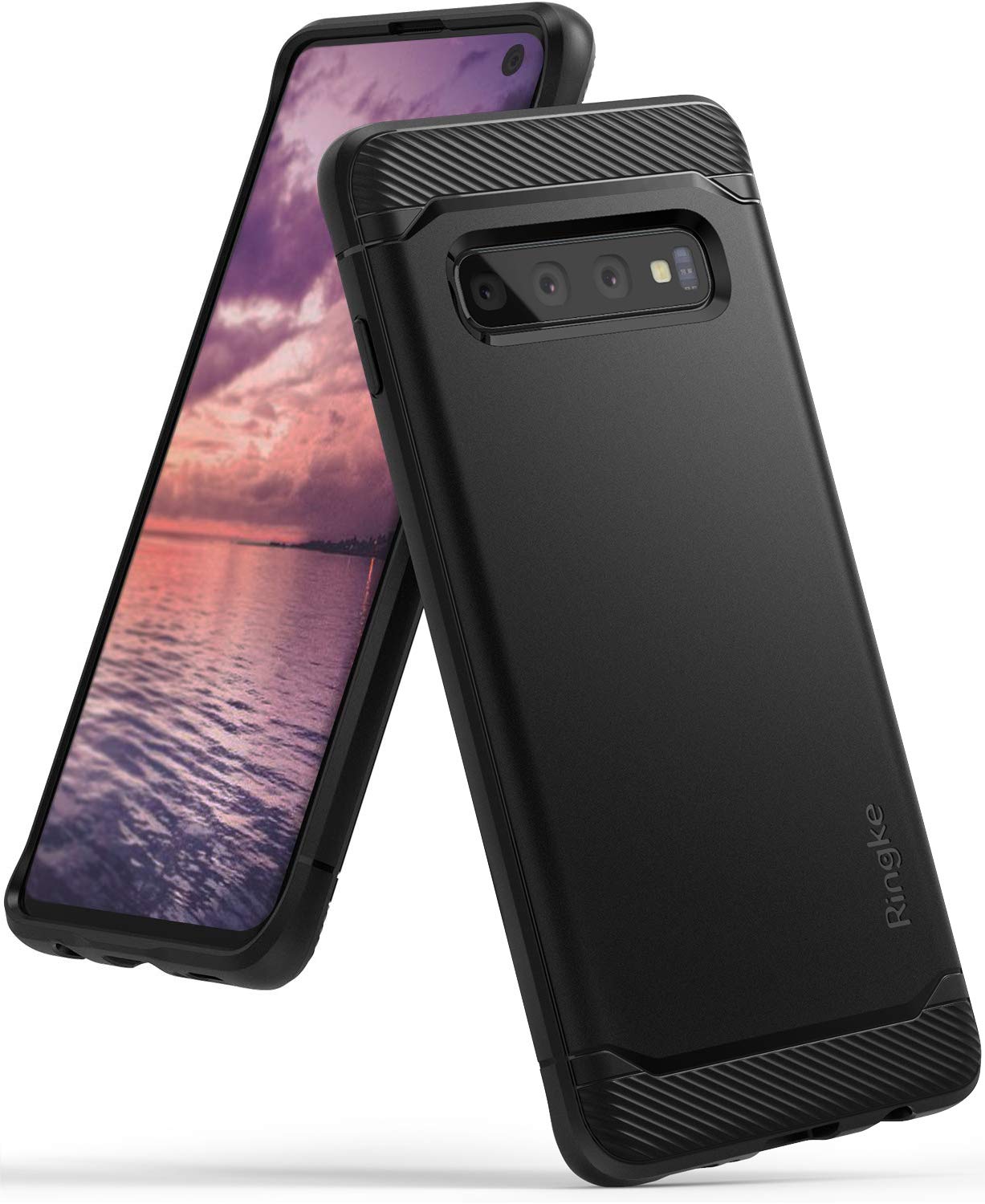 Galaxy S10 Case | Onyx - Matte black protective phone case with textured carbon fiber accents on a Galaxy S10.