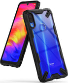 Redmi Note 7 / 7 Pro Case | Fusion-X - Black rugged protective case on a blue Redmi smartphone with a colorful screen.