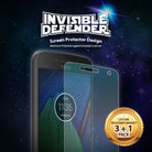 Moto G5 Plus Screen Protector | Film - Moto G5 Plus Screen Protector - Invisible Defender film on a Moto phone with a 3+1 pack lifetime warranty badge.
