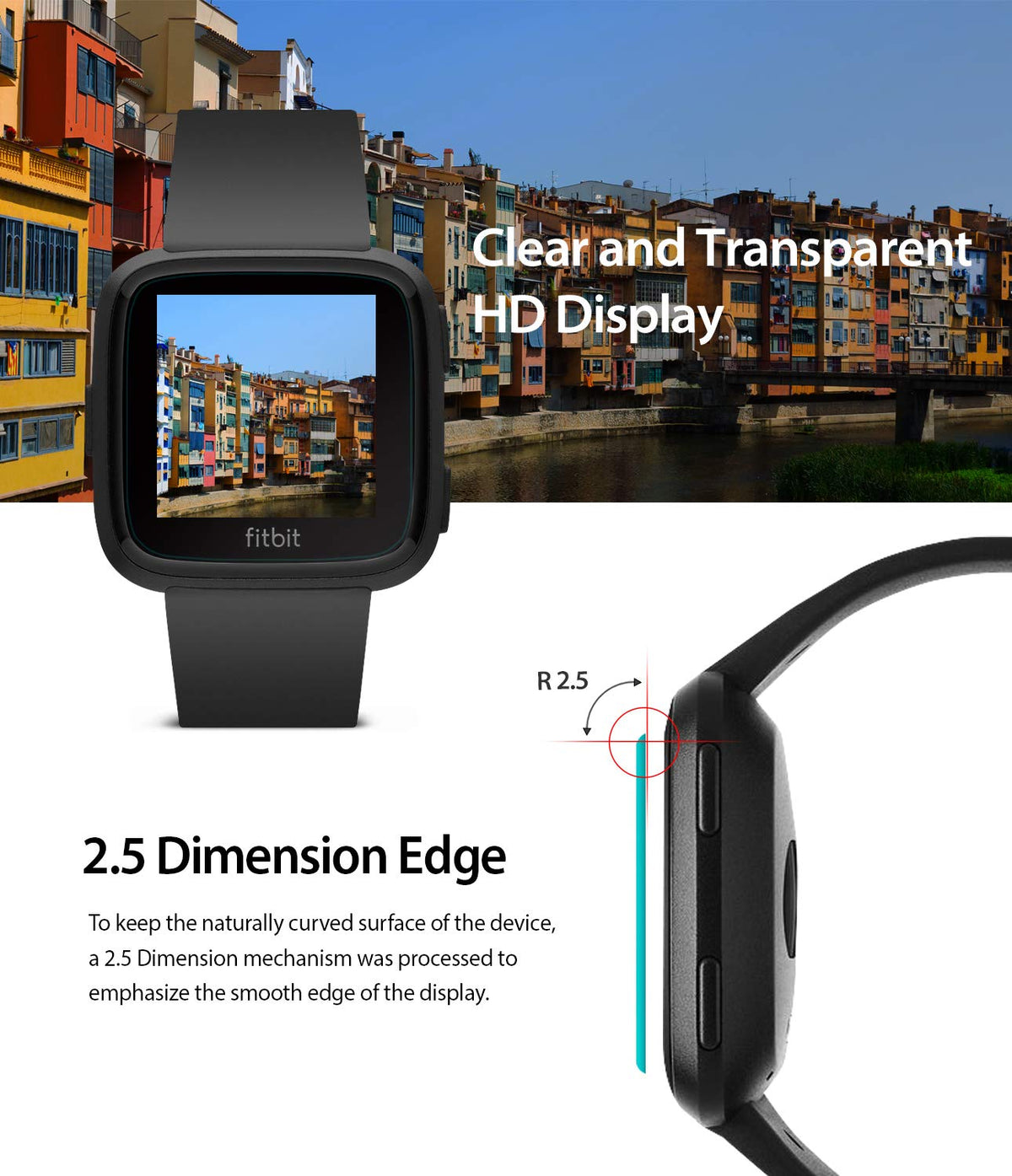 Fitbit Versa Screen Protector | Glass - Smartwatch with clear HD display and a 2.5D curved edge screen protector.
