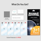 Galaxy S5 [INVISIBLE DEFENDER] 3+1 Pack Screen Protector - Four screen protectors, cleaning cloth, and installation kit.