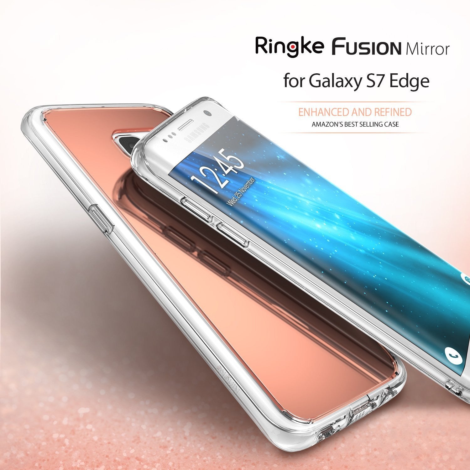 Galaxy S7 Edge Case | Mirror - A clear, rose-gold mirrored phone case for the Galaxy S7 Edge shown from front and back angles.