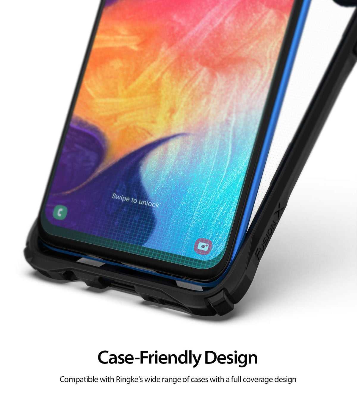 Galaxy A50 Screen Protector | Dual Easy Film - Close-up of a smartphone in a black protective case with a screen film.