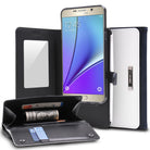 Galaxy Note 5 Case | Wallet - Black and white leather wallet case holding a Samsung phone, credit cards, and cash.