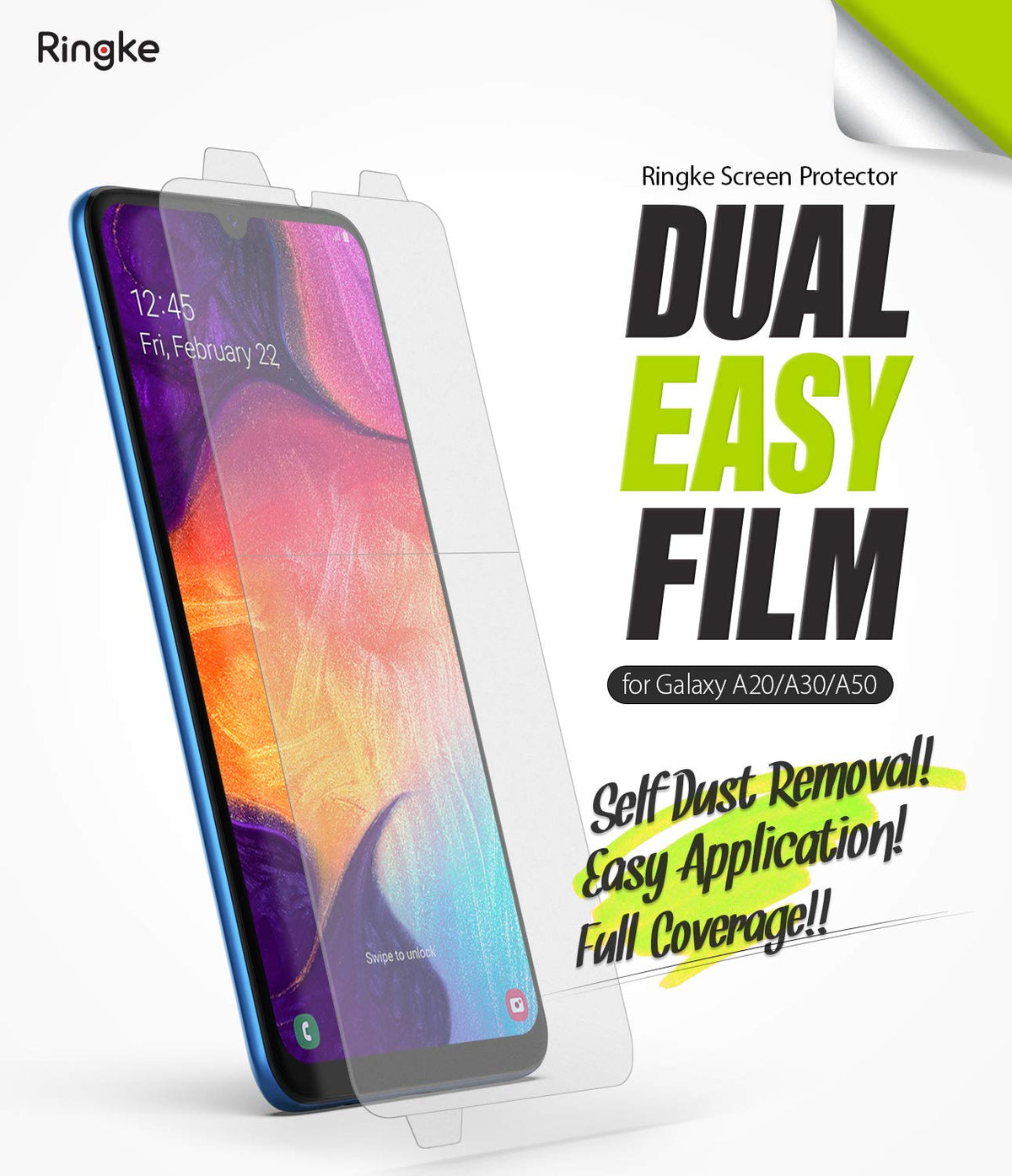 Galaxy A30 Screen Protector | Dual Easy Film - A smartphone with a clear screen protector film being applied.