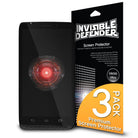 Droid Ultra [INVISIBLE DEFENDER] 3 Pack - Smartphone with glowing red screen next to a 3-pack screen protector retail box.