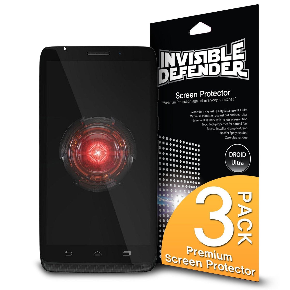 Droid Ultra [INVISIBLE DEFENDER] 3 Pack - Smartphone with glowing red screen next to a 3-pack screen protector retail box.