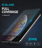 iPhone XS Screen Protector | Invisible Defender Glass - iPhone XS Screen Protector - Glass screen protector hovering above an iPhone XS with text highlighting full coverage.