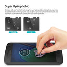 Moto G5 Plus Screen Protector | Film - Moto G5 Plus Screen Protector - Comparison of water-repellent screen films with a hand wiping a clean smartphone screen.