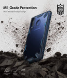 Galaxy M30 Case | Fusion-X - Blue phone case with shock-absorbent bumper floating above debris, highlighting military-grade protection.