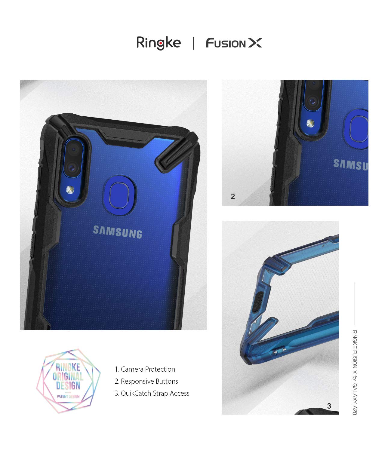 Galaxy A20 Case | Fusion-X - Blue and black protective phone case showing camera, button, and strap hole features.