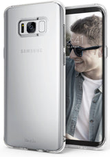 Galaxy S8 Case | Air - Clear protective phone case shown from the back and front with a man smiling on the screen.