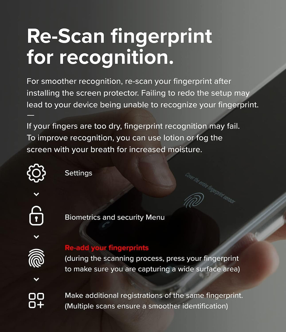 Galaxy S24 Screen Protector | Easy Slide Tempered Glass - Galaxy S24 Screen Protector - Instructions for re-scanning fingerprints on a smartphone after screen protector installation.