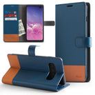 Galaxy S10 Case | Wallet - Blue and tan leather wallet case for Galaxy S10 with card slots, cash pocket, and kickstand.