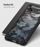 Galaxy S10 Case | Fusion-X Design - Black camouflage phone case with precise camera cutouts and textured grip edges.