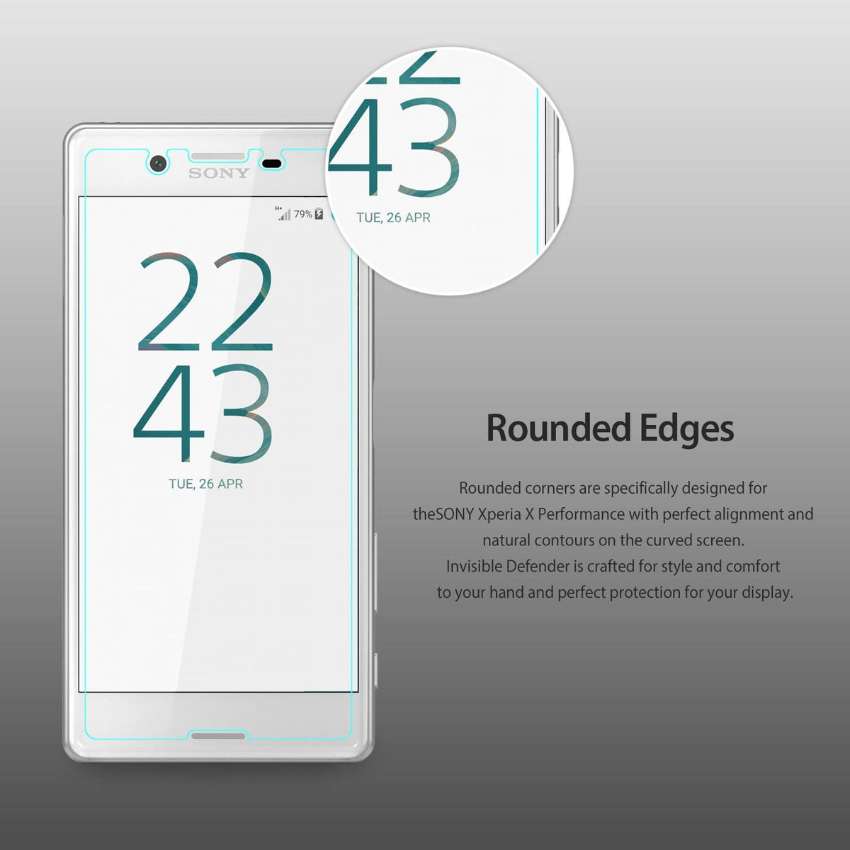 Xperia X Performance Screen Protector | Invisible Defender - Xperia X Performance Screen Protector - Sony phone with a screen protector showing a magnified view of its rounded edges.