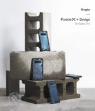 Galaxy S10 Case | Fusion-X Design - Three blue patterned Galaxy S10 cases displayed on stacked concrete blocks.