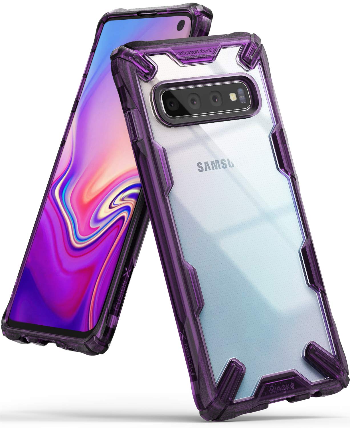 Galaxy S10 Case | Fusion-X - Purple rugged protective case with clear back on a Samsung Galaxy S10 smartphone.