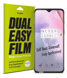 OnePlus 7 Screen Protector | Dual Easy Film - Ringke screen protector packaging next to a OnePlus 7 phone.