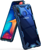 Galaxy A20 Case | Fusion-X - Blue translucent protective phone case with reinforced corners on a Samsung Galaxy A20.