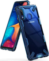 Galaxy A20 Case | Fusion-X - Blue translucent protective phone case with reinforced corners on a Samsung Galaxy A20.