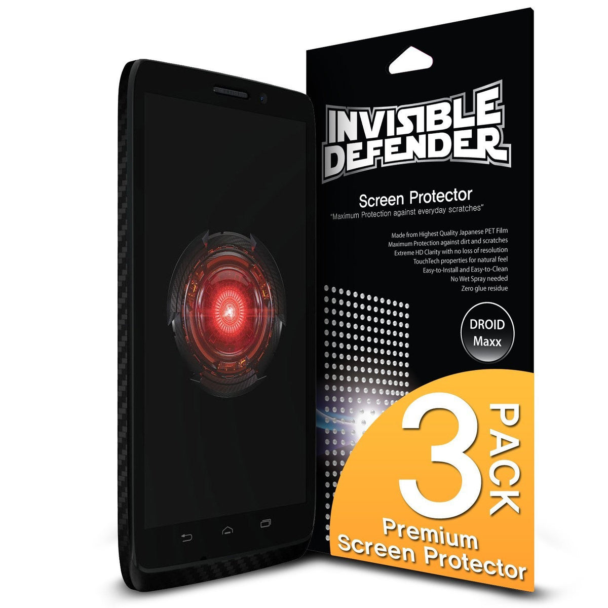 Droid Maxx [INVISIBLE DEFENDER] 3 Pack - Smartphone with screen protector next to black retail packaging for 3-pack.