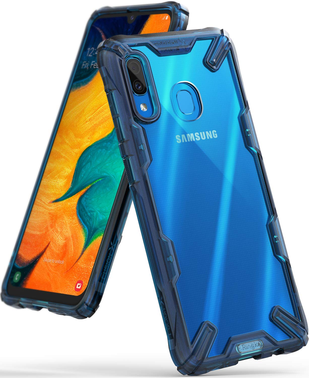 Galaxy A30 Case | Fusion-X - Blue transparent protective phone case on a Samsung Galaxy A30 with a vibrant screen display.