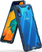 Galaxy A30 Case | Fusion-X - Blue transparent protective phone case on a Samsung Galaxy A30 with a vibrant screen display.