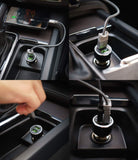 RealX2 Quick Charge 3.0 - Four-panel view of a dual-port USB car charger plugged into a vehicle console, charging a smartphone.