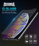 iPhone XS Max Screen Protector | Invisible Defender Glass - iPhone XS Max Screen Protector - Invisible Defender glass hovering over an iPhone XS Max with feature icons below.