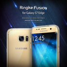 Galaxy S7 Edge Case | Fusion - Gold Samsung Galaxy S7 Edge in a clear protective case against a dark blue starry background.