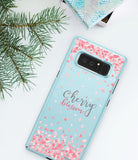 Galaxy Note 8 [Slim Cherry Blossom] [Limited Edition] - Light blue phone case with pink petals and cherry blossom text.