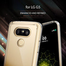 LG G5 Case | Fusion - Clear protective case on a gold LG G5 smartphone against a dark, abstract background.