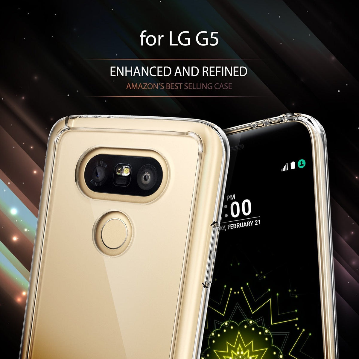 LG G5 Case | Fusion - A gold LG G5 smartphone in a clear protective case against a dark, abstract background.