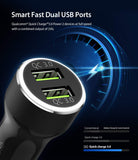 RealX2 Quick Charge 3.0 - Dual USB car charger with QC 3.0 ports against a speedometer background showing charging speed.