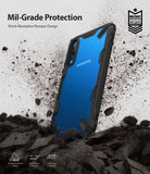Galaxy A50 Case | Fusion-X - Blue Samsung phone in a black protective case surrounded by flying dirt and debris.
