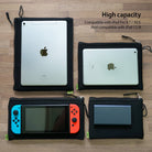 Cushion Pouch - Four black zippered pouches on a wooden surface holding an iPad, tablet, Nintendo Switch, and power bank.