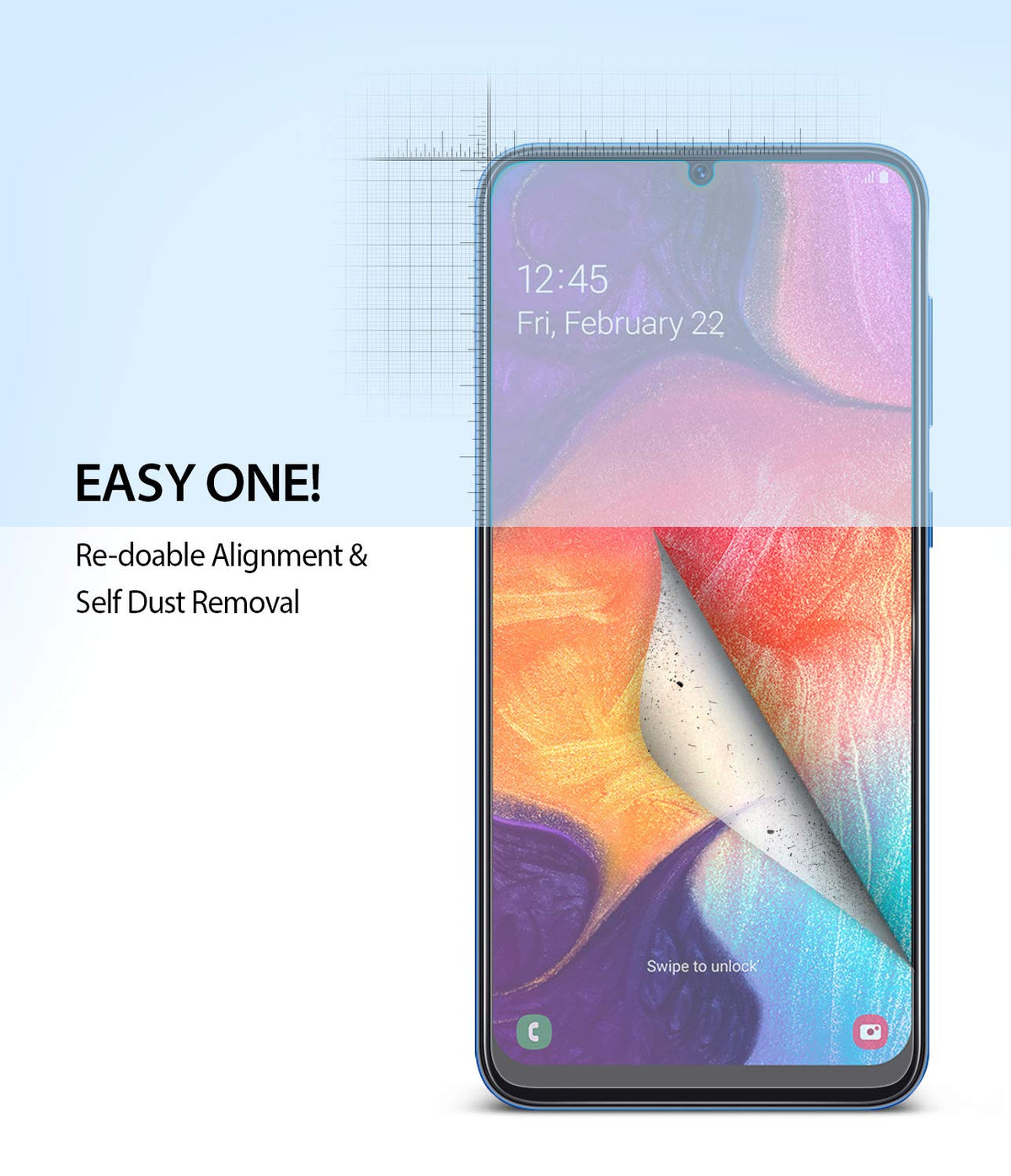 Galaxy A30 Screen Protector | Dual Easy Film - Galaxy A30 Screen Protector - Smartphone screen with a partially peeled protective film showing dust removal technology.