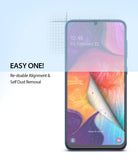 Galaxy A50 Screen Protector | Dual Easy Film - Smartphone screen with a partially peeled film showing dust removal.