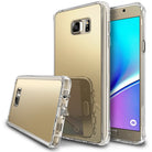 Galaxy Note 5 Case | Mirror - Gold reflective phone case with clear bumper, shown on a Galaxy Note 5 from front and back.