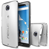 Google Nexus 6 Case | Slim - Clear protective phone case shown on a Nexus 6 smartphone from front and back angles.