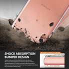 Xperia XA Case | Fusion - A rose gold phone in a clear protective case resting on dirt with a diagram of its protective lip.