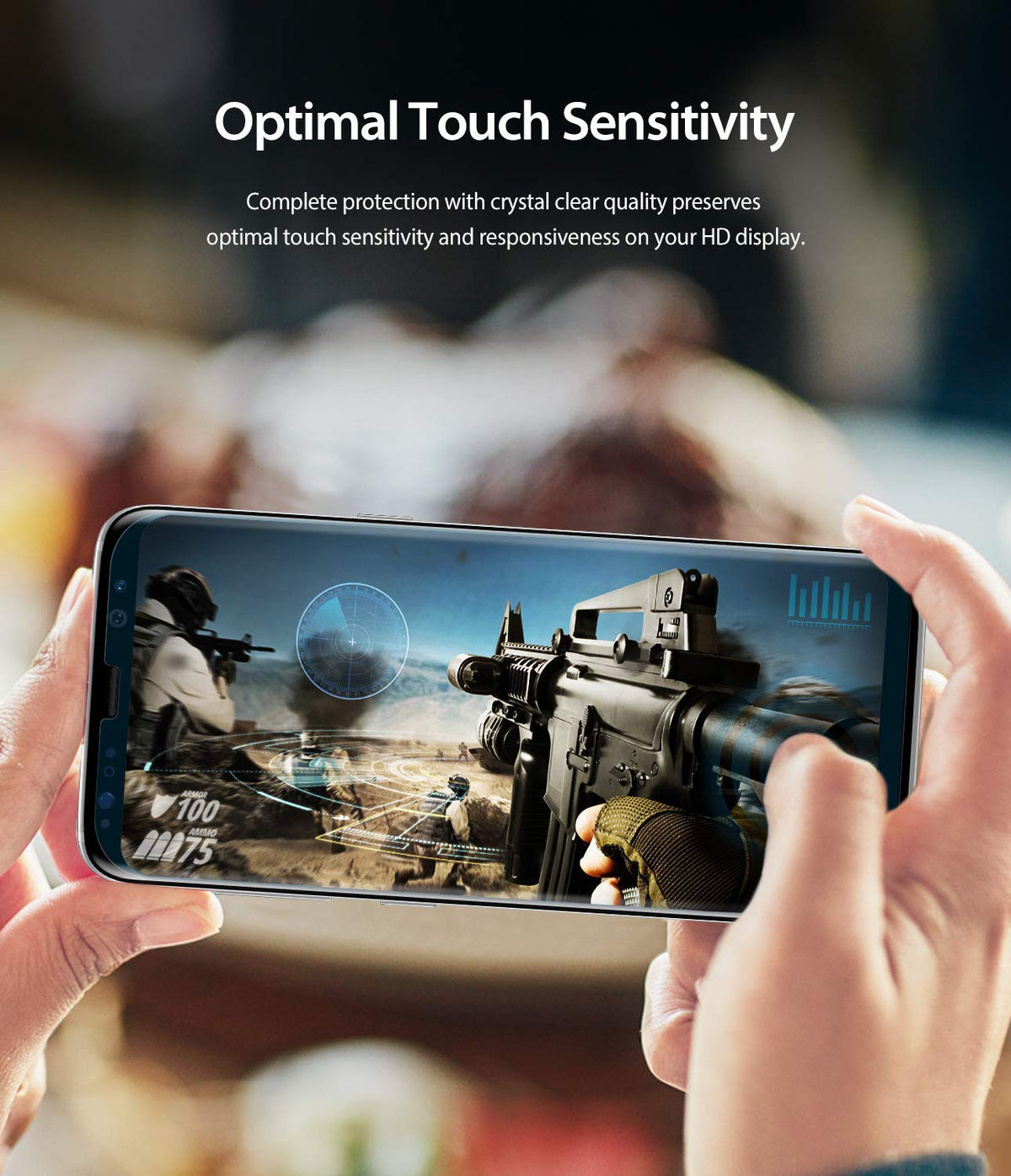 Galaxy S8 Plus Screen Protector | Dual Easy Film - Galaxy S8 Plus Screen Protector - Hands holding a smartphone displaying a first-person shooter game with clear graphics.