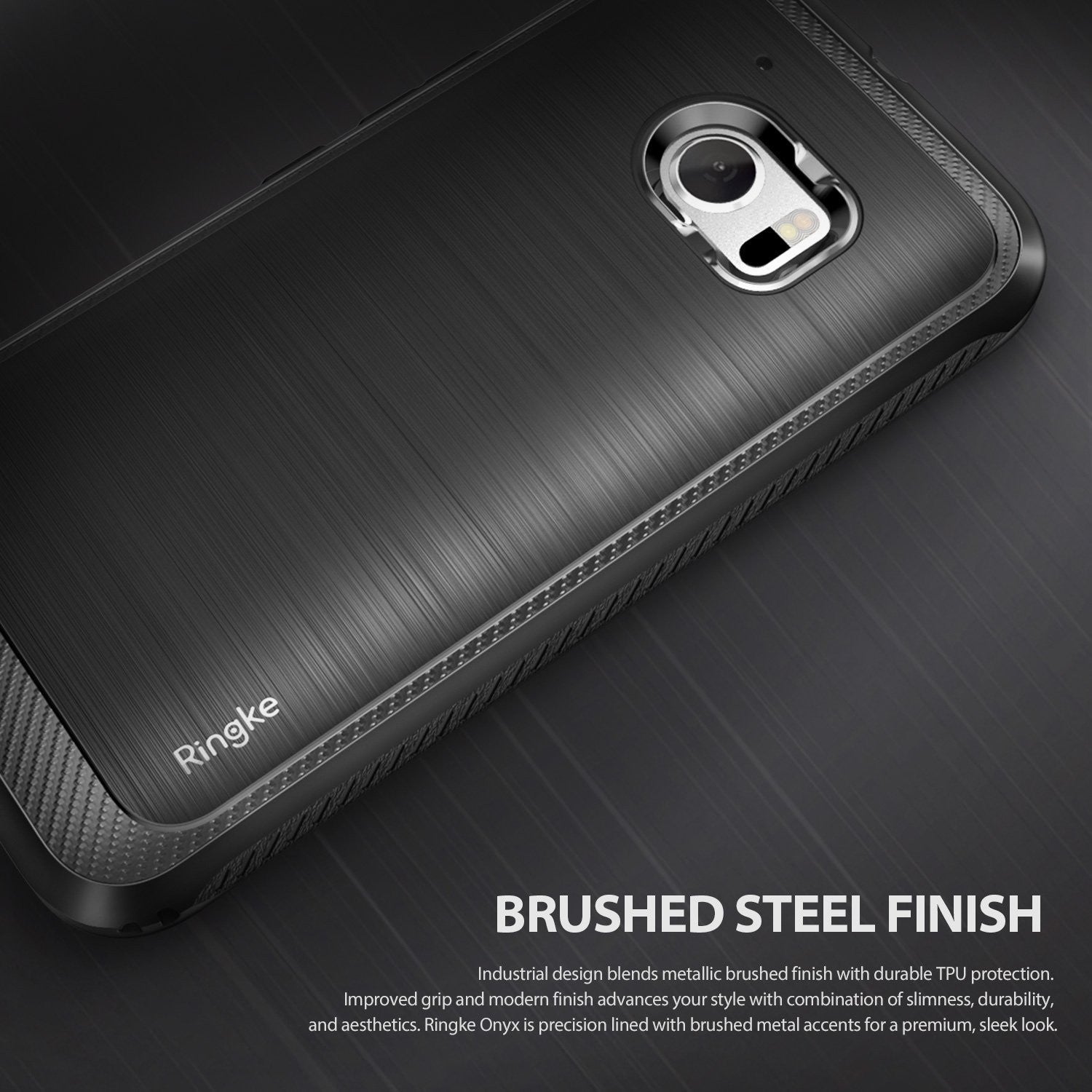 HTC 10 Case | Onyx - Black brushed metal texture phone case with Ringke logo and camera cutout on a dark background.