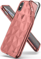 iPhone XS Case | Air Prism - Rose gold geometric prism-patterned transparent phone case shown from front and back angles.